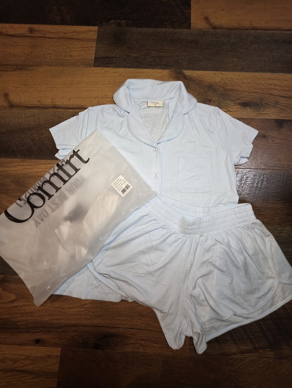 Comfrt Powder Blue Short Sleeve Slinky Rib PJ Set